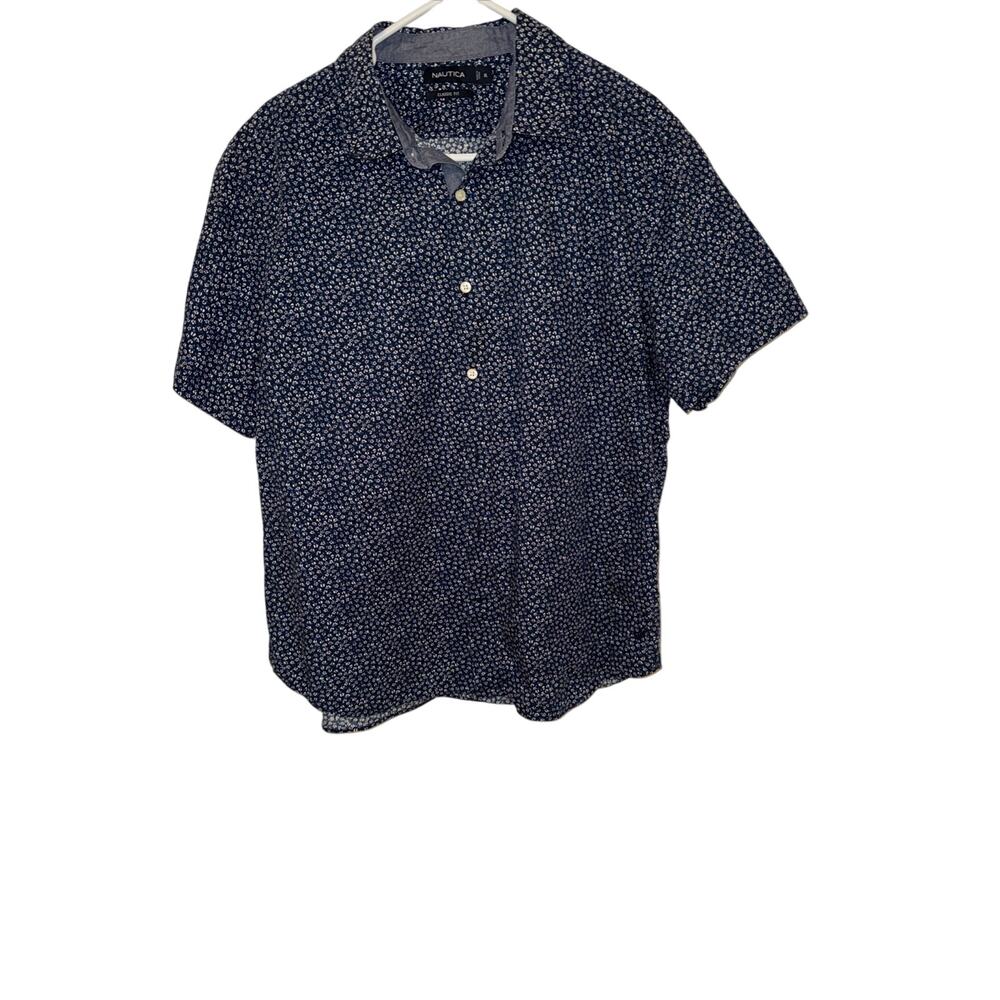 Nautica Men's Short Sleeve Button Down Shirt XL 17-17.5 Blue Floral Microprint
